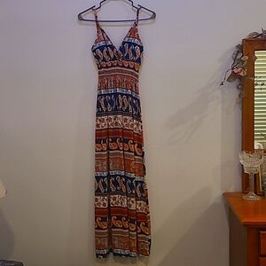 Bobbie Brooks, S, Orange, Blue, and White Fleur De Lis Boho Dress
